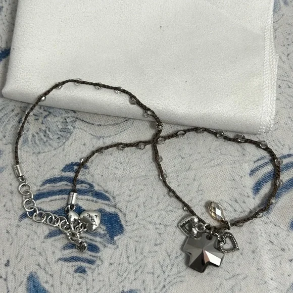 Brighton Karma Crystal Cross Necklace Silver Plated Braided Brown Beaded 17" - Picture 7 of 11